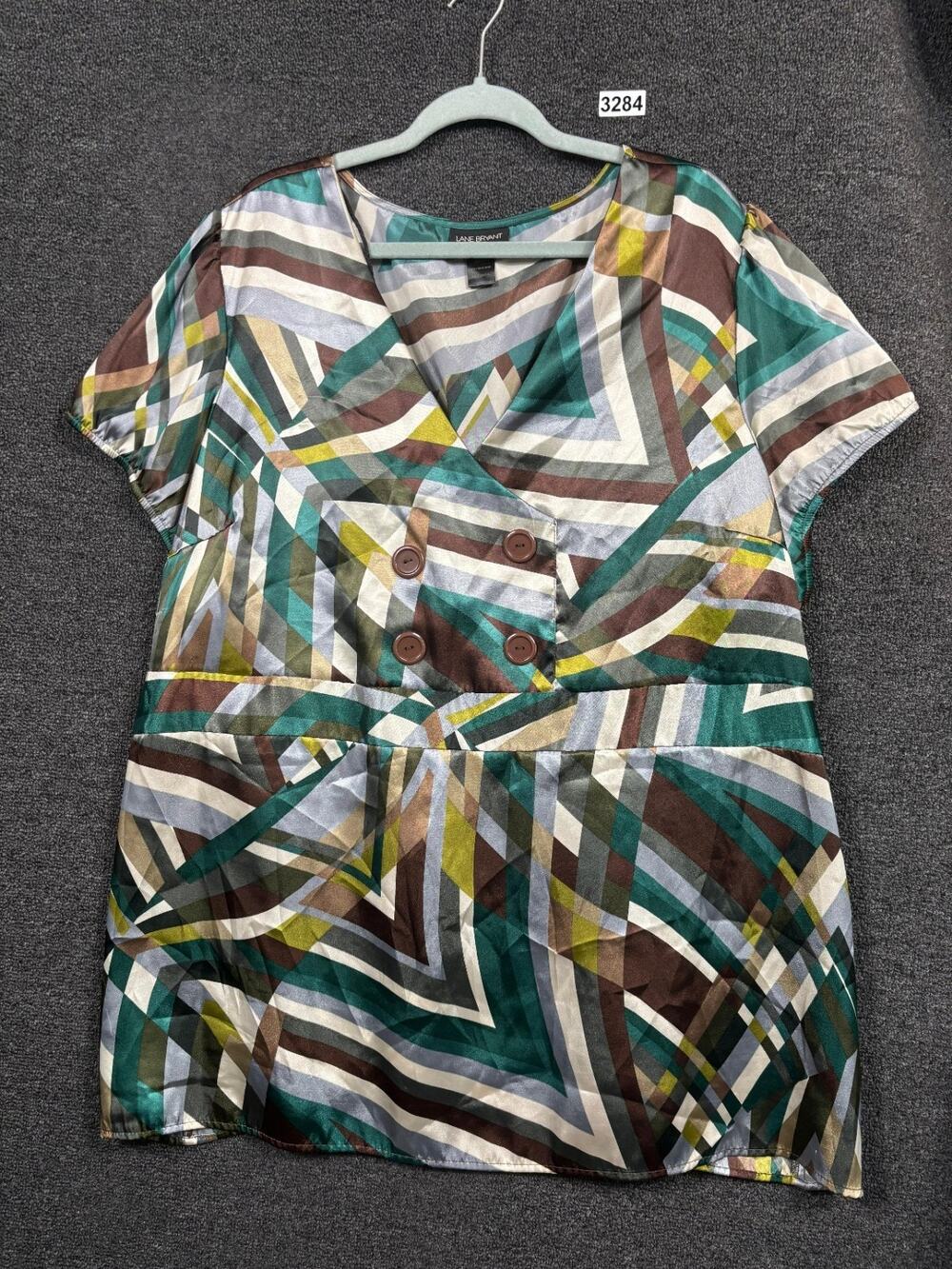 Lane Bryant Blouse Top Women's 26/28 Multi Green Geometric V-Neck Short Sleeve